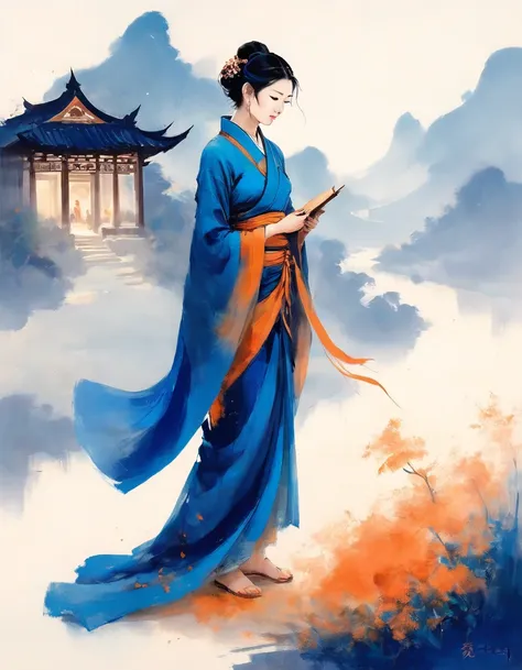 敦煌艺术风格插painting,blue tint,a mysterious little figure in a traditional dress stands on an ancient scroll filled with buddhist scr...