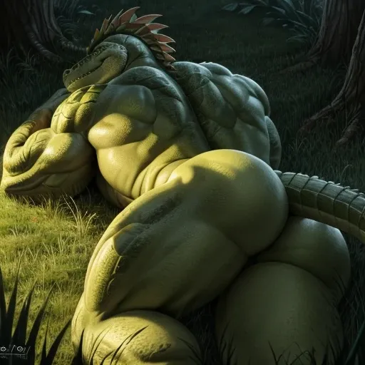 A muscle green male alligator, a muscle green male lizardmen , sleeping showing his green butt on grass, detailed butt, detailed hands, head crest 