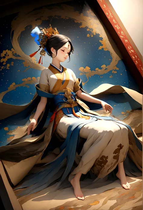 敦煌艺术风格插painting,Blue tint,A mysterious little figure in a traditional dress stands on an ancient scroll filled with Buddhist scriptures,it is,Starlight,Dazzling,Light and Shadow,gradient blue,blue and orange,Super grand scene,Smooth movement,Extremely deli...