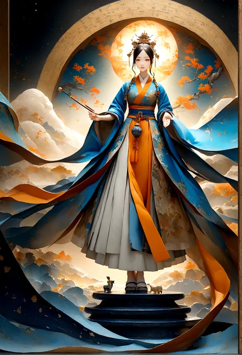 敦煌艺术风格插painting,Blue tint,A mysterious little figure in a traditional dress stands on an ancient scroll filled with Buddhist scriptures,it is,Starlight,Dazzling,Light and Shadow,gradient blue,blue and orange,Super grand scene,Smooth movement,Extremely deli...