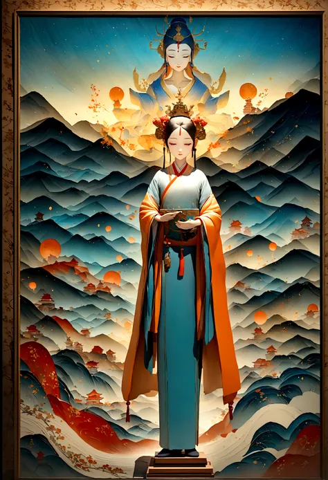 敦煌艺术风格插painting,Blue tint,A mysterious little figure in a traditional dress stands on an ancient scroll filled with Buddhist scriptures,it is,Starlight,Dazzling,Light and Shadow,gradient blue,blue and orange,Super grand scene,Smooth movement,Extremely deli...