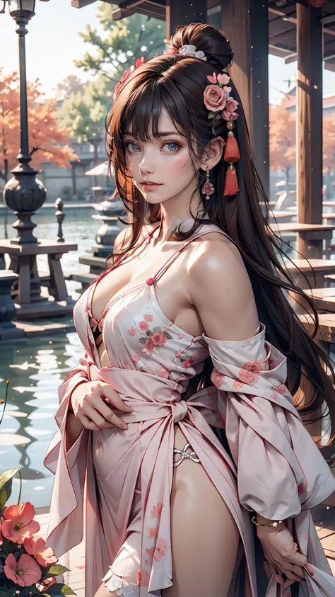 masterpiece, Highest quality, Waterfront, banquet, 1 female, Mature Woman, elegant, Chinese style, ancient China, younger sister, Royal younger sister, Happy, Meatball Head, Light brown hair, Pink Eyes, Gorgeous hat, Light pink lips, Pink clothes, thread-l...