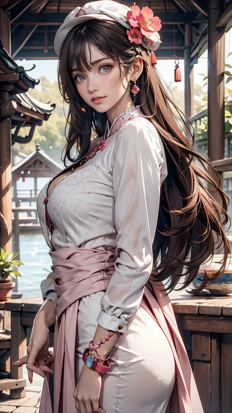 masterpiece, Highest quality, Waterfront, banquet, 1 female, Mature Woman, elegant, Chinese style, ancient China, younger sister, Royal younger sister, Happy, Meatball Head, Light brown hair, Pink Eyes, Gorgeous hat, Light pink lips, Pink clothes, thread-l...