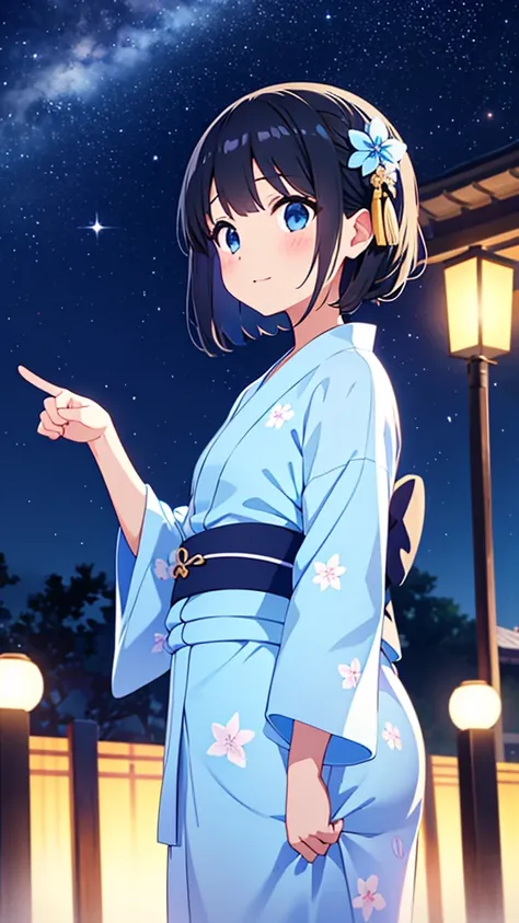 A black-haired girl pointing at the starry sky of Tanabata。She is wearing a light blue yukata with a summery blue and white pattern.、Distant starry sky。A girl in the distance。