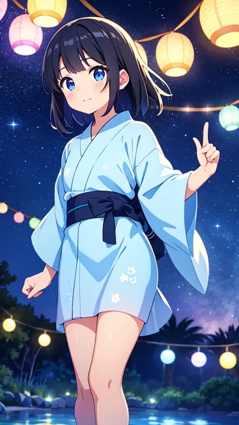 A black-haired girl pointing at the starry sky of Tanabata。She is wearing a light blue yukata with a summery blue and white pattern.、Distant starry sky。A girl in the distance。