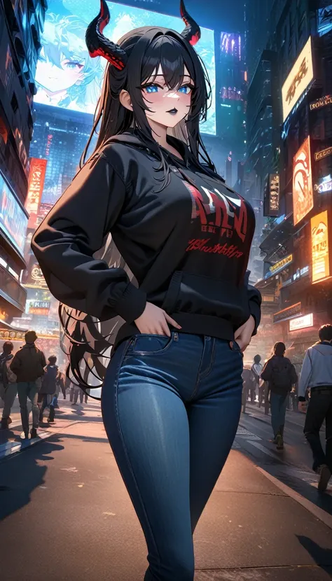 ((masterpiece, best quality)), very aesthetic, ultra detailed, intricate details, highly detailed, UHD, HDR, 8K, perfect face, 1girl, black long hair, black lips, blue eyes, large breast, hoodie, black dragon horns, jeans, in city, holding a sign saying (A...