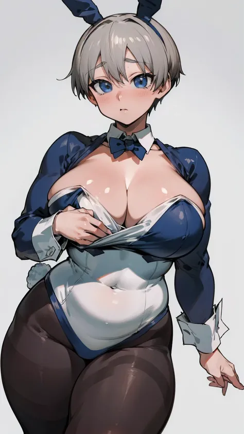 masterpiece, best quality, ultra-detailed, Potrait of beautiful , (chubby) (muscular), (plump), (sexly), (cleavage), ((tomboy)), (アニメ), (Breasts), (Plump), ((very short hair)), ((Uzaki Hana)), (overweight), (Gray Hair) (Wearing black tights), ((Saggy breas...