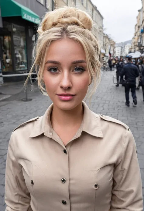 Bun hair blonde woman as copp in street 