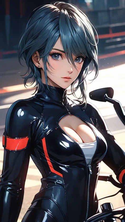 1 Female, Tamaki, short hair, hair between eyes, (detailed eyes:1.3), Rider Suit, cleavage, sport motorcycle, 