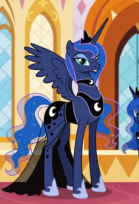 Pony . Black see trough dress with black choker, Princess Luna smiling 