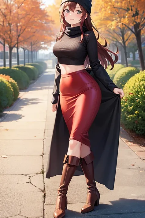 1girl, woman, red long sleeved sweater shirt, crop top, tight midi pencil skirt black, long length pencil skirt, long brown hair, looking at viewer, full body, walking, smile, blush, boots, garden, fall, leaves, beanie, scarf