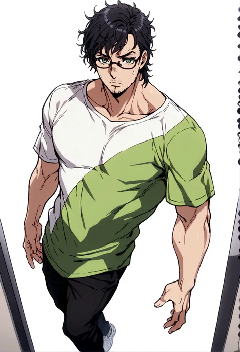 fullbody,masterpiece,standing,tshirt,black curly short hair,green eyes,(bangs),adult,1boy,solo,glasses,white background,beard_stubble 