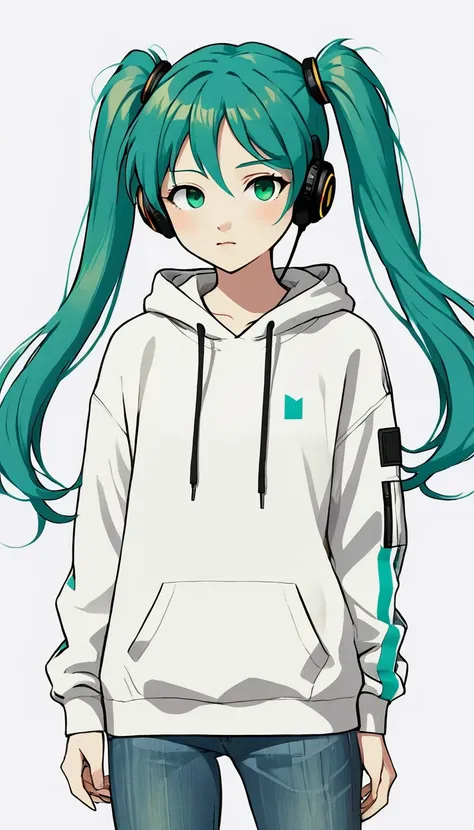 Headphones、Sony、Green Hair、Twin tails、Hatsune Miku、Close ~ eyes、White hoodie、Upper Body、Simple Background、Girl、
