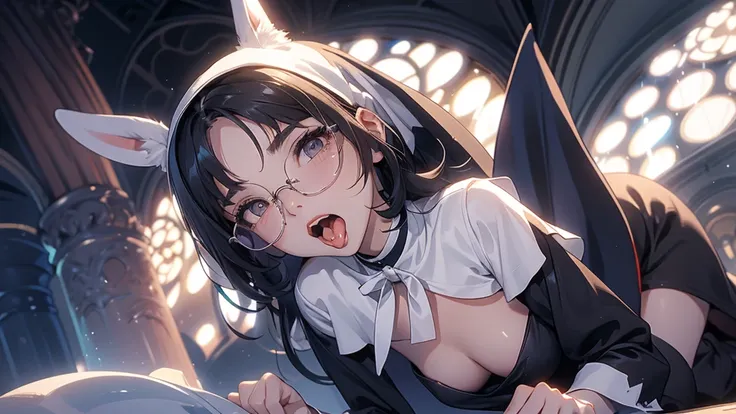 nsfw, woman, (Bunny ears), open mouth, Showing tongue, Glasses, Small breasts, (nun), long hair, black hair, open legs, genital Rainy, (man, penis), (sex, woman on top)