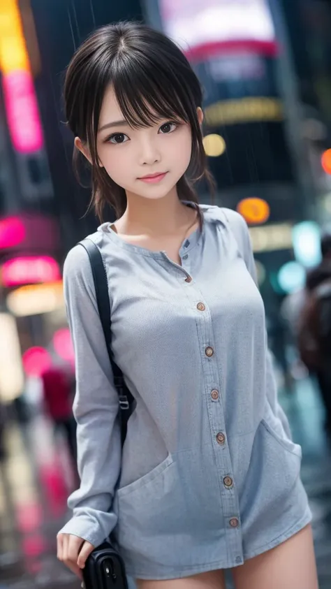 In the pouring rain、Smiling girl standing in the middle of a crowded street, ((beautiful girl, Baby Face:1.3, Idol Face)), Beautiful eyes and lips, Very detailed瞳孔, Realistic Skin, ((Wet Hair, Wet clothes)), Thin clothing that sticks to the skin, raindrop,...