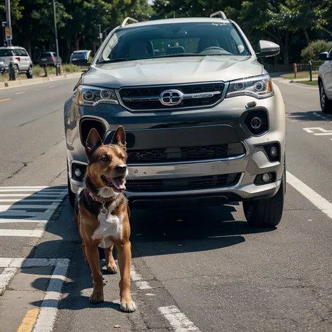 The dog ran between the cars biting the cover