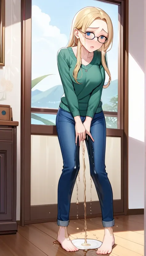 ((best quality, masterpiece:1.3, 8K)), (detailed), highly detailed face and skin texture, detailed eyes, living room, window, empty water bottles, full body, standing, (slender body:1.1), 1girl, 25 years old, white skin, blue eyes, reading glasses, bright ...