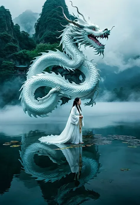 white chinese dragon looking down on a woman over a misty lake. cloud, thick fog, symmetrical configuration, a woman in a white ...