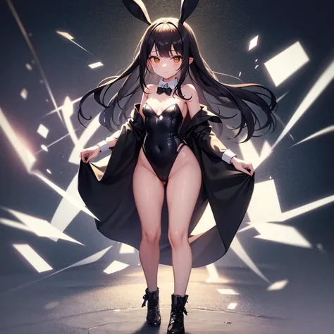 ((Bunny girl)),Dropped ears,Cute little ,Tiny ,Small girl,,Childish face, Very fine clean face,Top quality,Black Hair,(Dark Room), Subtle light, Natural light,Soft lighting,Light from directly behind, (Are standing),With bust up,Front view,Black background