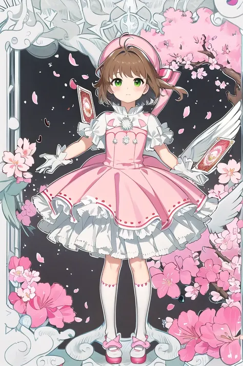 (masterpiece, Highest quality, detailed:1.3),(photograph:1.3), HD transparent background, High Detail, 1 Girl,pretty girl、cute、View your viewers、cardキャプター_cherry blossoms、10 years old、young、short hair, Antenna Hair, Green Eyes, Frills, Puff short sleeves, ...