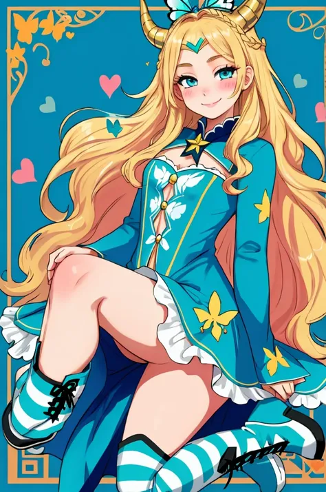 butterfly star, 1 girl, blonde hair, horned headdress, hair band, long hair, One, heart, Blue eyes, mark on face, very long hair,turquoise dress,striped tights,boots,   , blush stickers,Looking at the viewer, smile,   