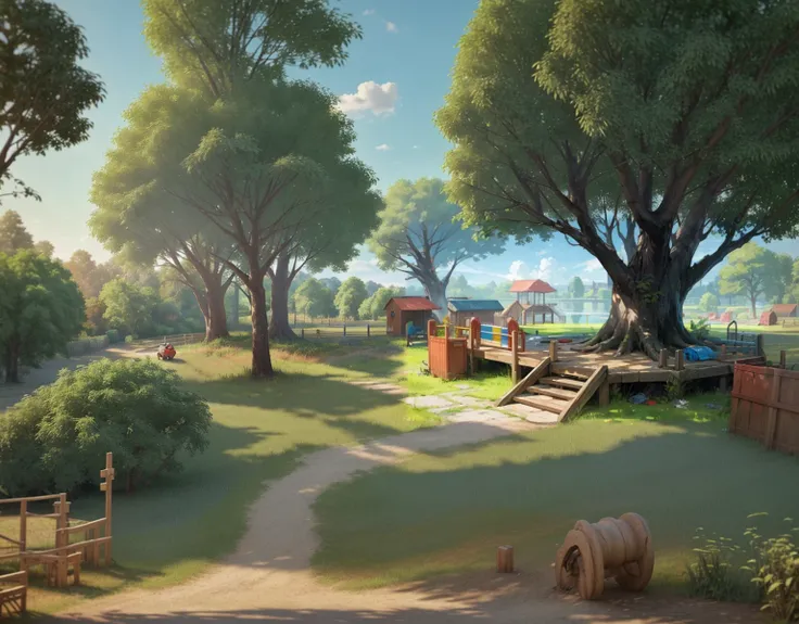 kids playground, green fields, grass and dirt roads, wood pole, wood seesaw, wooden toys, thick bush, highly detailed, ultra-detailed, 4k, photorealistic, masterpiece, lush foliage, golden hour lighting, warm colors, vibrant colors, natural environment, pe...