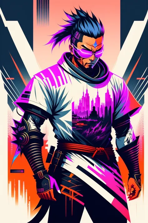 Ready to print t shirt art vector colorful graffiti illustration of a futuristic cyberpunk Samurai, futuristic cyberpunk city background, realistic image style, image on white background, centred