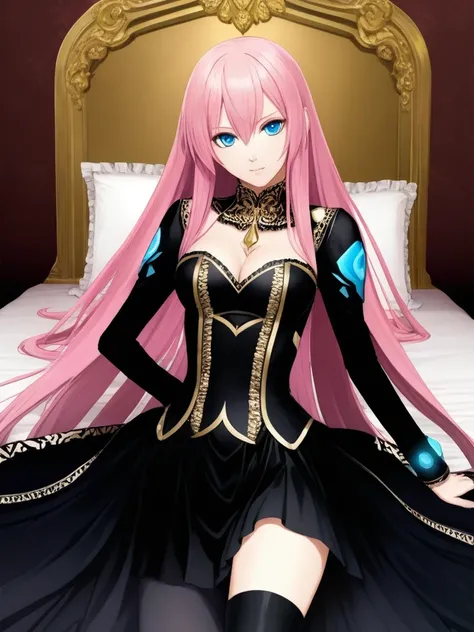 Official Art:1.5,１Man Beautiful Adult Woman,Vocaloid Megurine Luka:2.0,Pink long hair,blue eyes,Big Breasts,Official black and gold costume,lure:2.0,bed, 