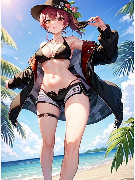 (masterpiece, Highest quality, Very detailed),One Girl,((Ultra-fine illustrations)),((Cute eyes,Very detailed肌)),((Blessed,Blessed,Captivating body、Detailed Background))、(sun、vacations、tropical、White sand beach、You can see the sea in the distance)、(Shiny s...