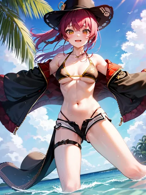 (masterpiece, Highest quality, Very detailed),One Girl,((Ultra-fine illustrations)),((Cute eyes,Very detailed肌)),((Blessed,Blessed,Captivating body、Detailed Background))、(sun、vacations、tropical、White sand beach、You can see the sea in the distance)、(Shiny s...