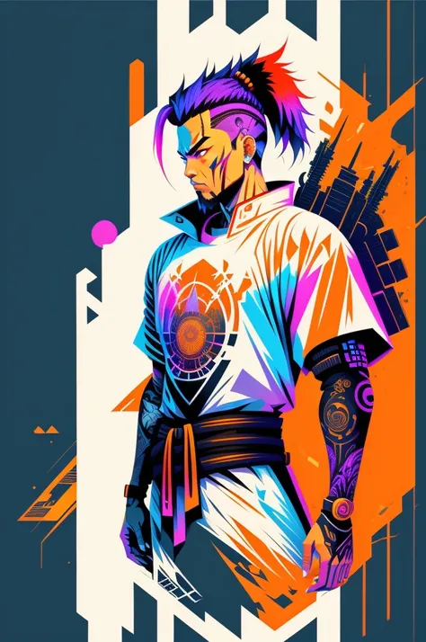 Ready to print t shirt art vector colorful graffiti illustration of a futuristic cyberpunk Samurai, futuristic cyberpunk city background, realistic image style, image on white background, centred