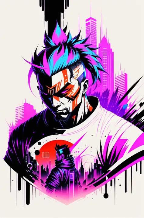 Ready to print t shirt art vector colorful graffiti illustration of a futuristic cyberpunk Samurai, futuristic cyberpunk city background, realistic image style, image on white background, centred