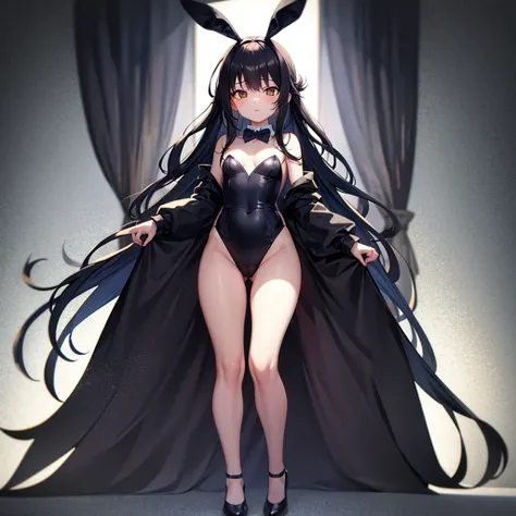 ((Bunny girl)),Dropped ears,Cute little ,Tiny ,Small girl,,Childish face, Very fine clean face,Top quality,Black Hair,(Dark Room), Subtle light, Natural light,Soft lighting,Light from directly behind, (Are standing),With bust up,Front view,Black background