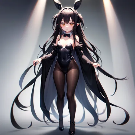 ((Bunny girl)),Dropped ears,Cute little ,Tiny ,Small girl,,Childish face, Very fine clean face,Top quality,Black Hair,(Dark Room), Subtle light, Natural light,Soft lighting,Light from directly behind, (Are standing),With bust up,Front view,Black background