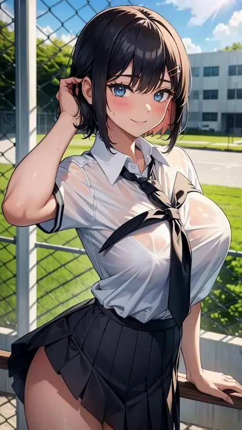 (Masterpiece, Official Art), A girl, black fur, Blue eyes, Hair ornaments, Hair clip,  (school uniform), (shirt), (atar), (Skirt), (wet), (Upper part of the body), (Fence), (huge breasts), not good、sunlight,classroom、 View viewer, SMILE, fascinating, blush...