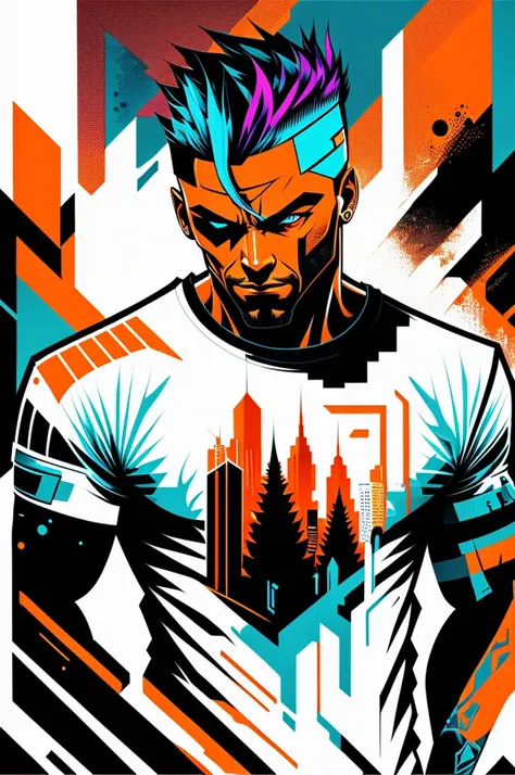 Ready to print vector t-shirt art colorful graffiti illustration of a futuristic soldier, futuristic cyberpunk city background, realistic image style, image on white background, centralized 