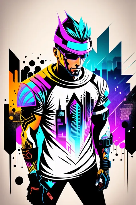 Ready to print vector t-shirt art colorful graffiti illustration of a futuristic soldier, futuristic cyberpunk city background, realistic image style, image on white background, centralized 