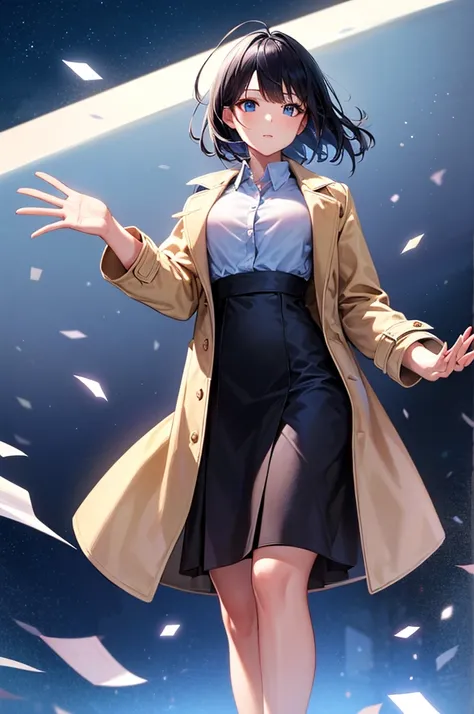 (Highest quality, masterpiece),(One girl, coat,expression, blue eyes, View your viewers, Black Hair,  Dress shirt, Black Skirt, Waving to the audience), (Reduce Blue Light, Blue glass shards swirling behind, Floating objects, Night Sky)