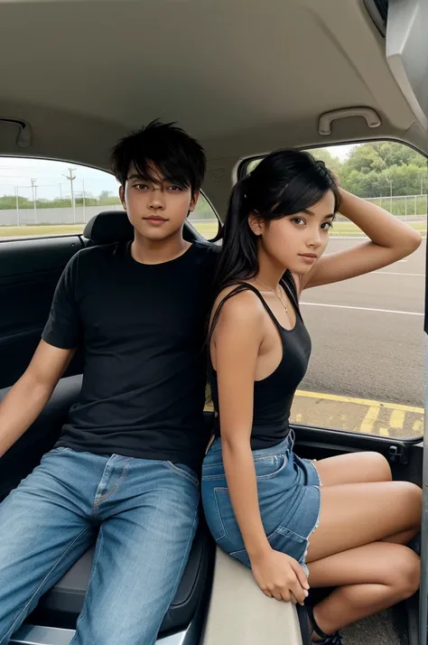 A boy and girl sitting inside the car parking on the highways in the back view 
