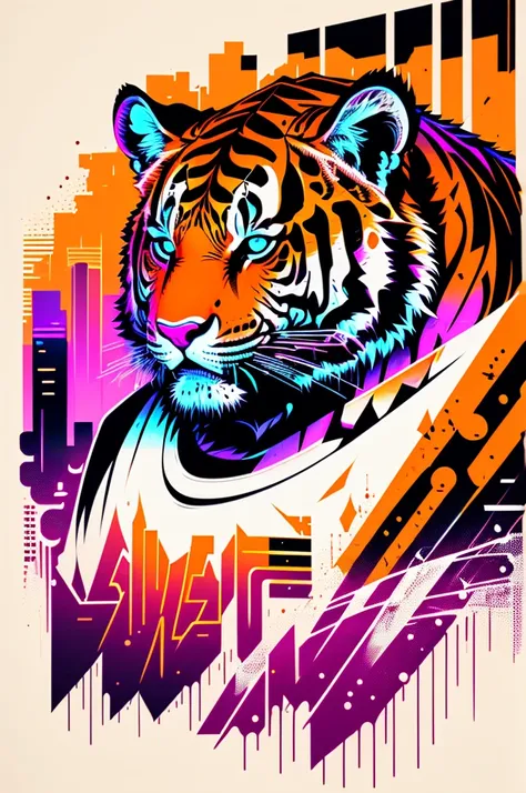 Ready to print vector t-shirt art colorful graffiti illustration of a tiger, futuristic cyberpunk city background, realistic image style, image on white background, centralized