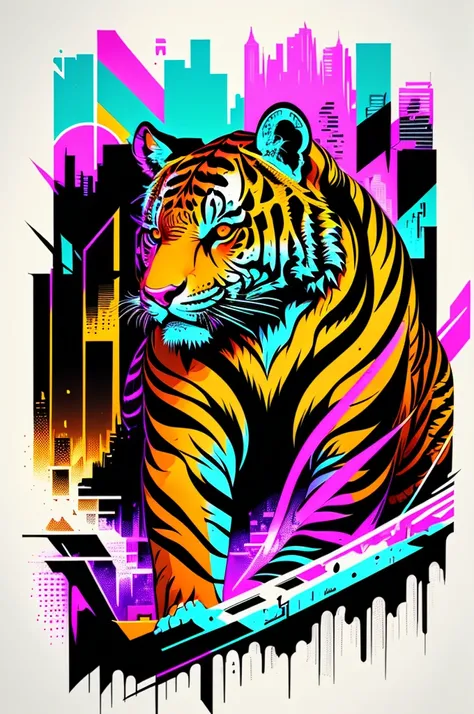 Ready to print vector t-shirt art colorful graffiti illustration of a tiger, futuristic cyberpunk city background, realistic image style, image on white background, centralized