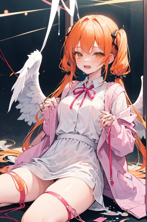 orange hair, orange eyes,girl,Pigtails with the ends tied up,laugh,No panties,light and cute,halterneck,White dress,pink cardigan,Nissocks,Fallen Angel Wings,angel ring,leaking semen,spread your legs,drooling,loose eyes