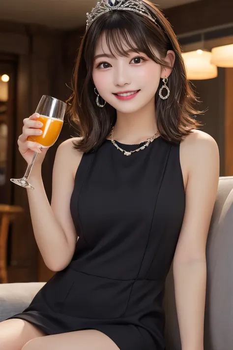 Highest quality, (beautiful)、Bright black mini dress、Large breasts、Brown Hair、Looking into the camera、smile、pub、tiara、necklace、Earrings、Sit on the sofa、Holding a glass、Close-up、night、underground、Holding a glass、cheers、Shoot from below