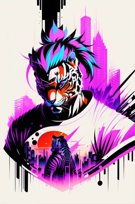 Ready to print t shirt art vector colorful graffiti illustration of a tiger, futuristic cyberpunk city background, realistic image style, image on white background, centred