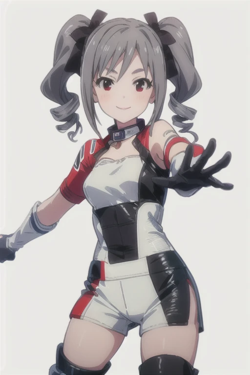 (((pixel-perfect, detail-perfect))), solo, 1girl, ranko kanzaki, motogp outfit, elbows, pads, boots, gloves, simple background, white background, looking at viewer, smile