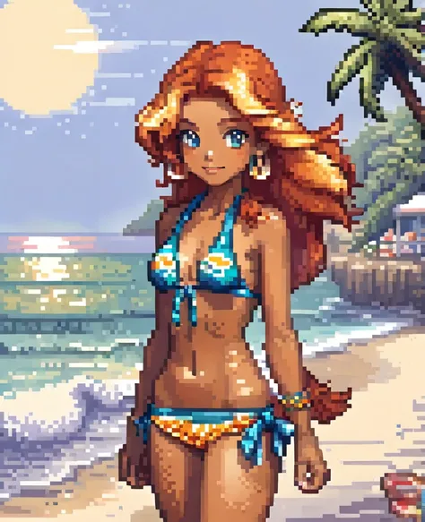 Create a fire red pokemon style pixel of a beach trainer Marina has long wavy hair, golden blonde, reflecting the beach sun. His eyes are a deep blue, like the ocean. She wears a blue sports bikini with white details, accompanied by a light and colorful sa...