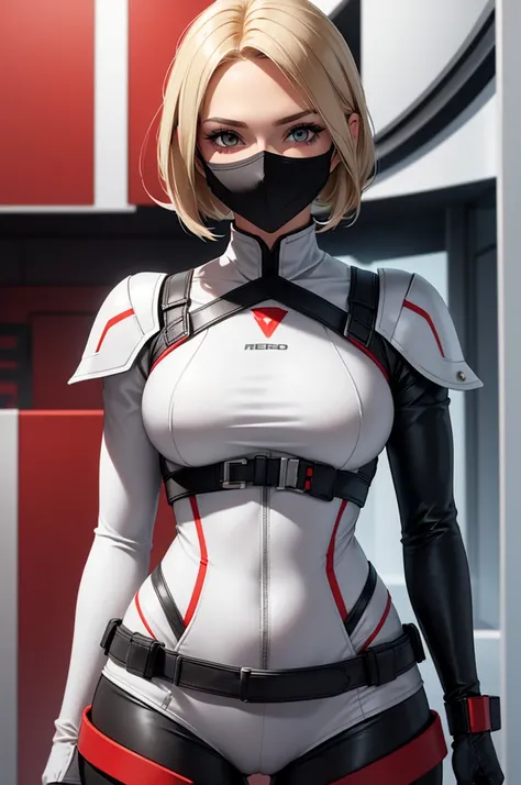 young woman,blonde, grey eyes, medium breasts, medium hips, Hero clothes,  Full mask, face covered by mask, white and red Black, high, European traits, short neck length hair.