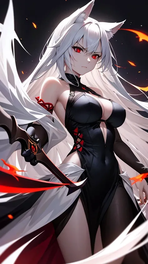 An adult woman half fox and wolf, wide breasts, red eyes, white hair, very angry, in a black little open dress, holding a sword