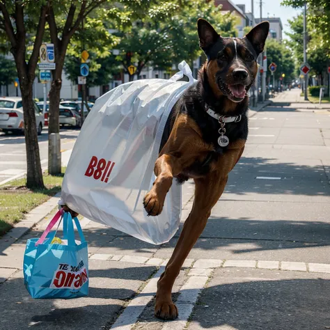 A dog ran after biting a plastic bag 