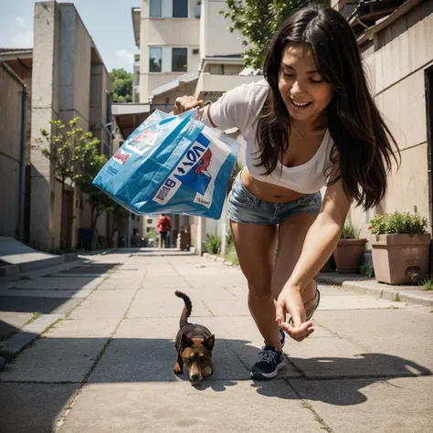 A dog ran after biting a plastic bag 